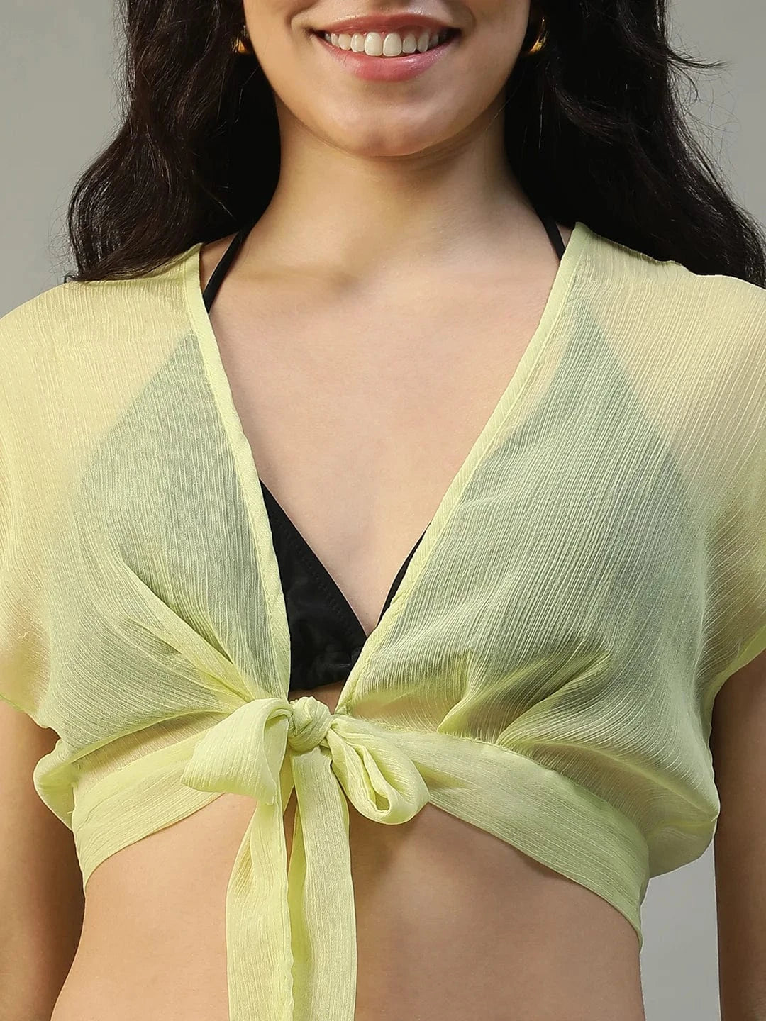 Sunny Yellow Chiffon Women Beachwear Co-ord Set with Elastic Slit Pants and Crop Top