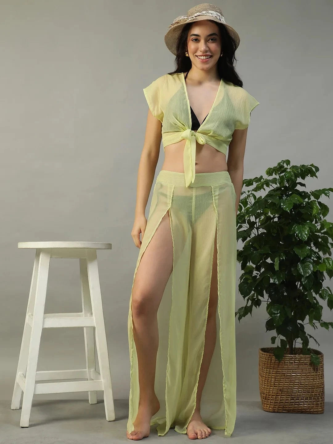 Sunny Yellow Chiffon Women Beachwear Co-ord Set with Elastic Slit Pants and Crop Top