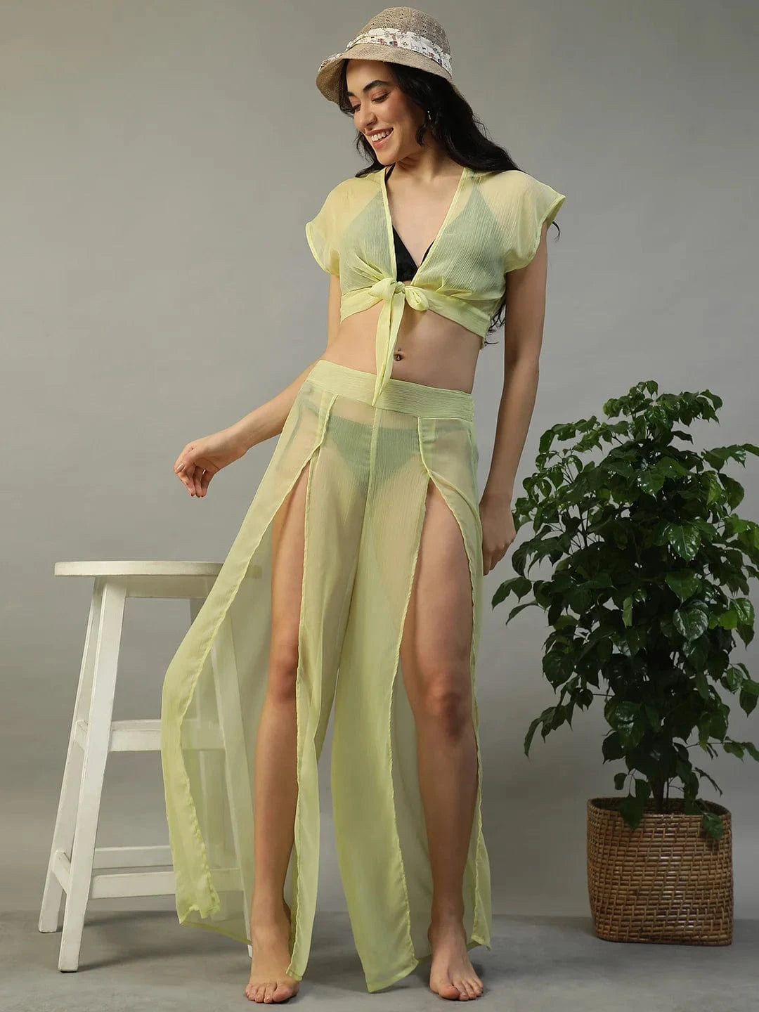 Sunny Yellow Chiffon Women Beachwear Co-ord Set with Elastic Slit Pants and Crop Top