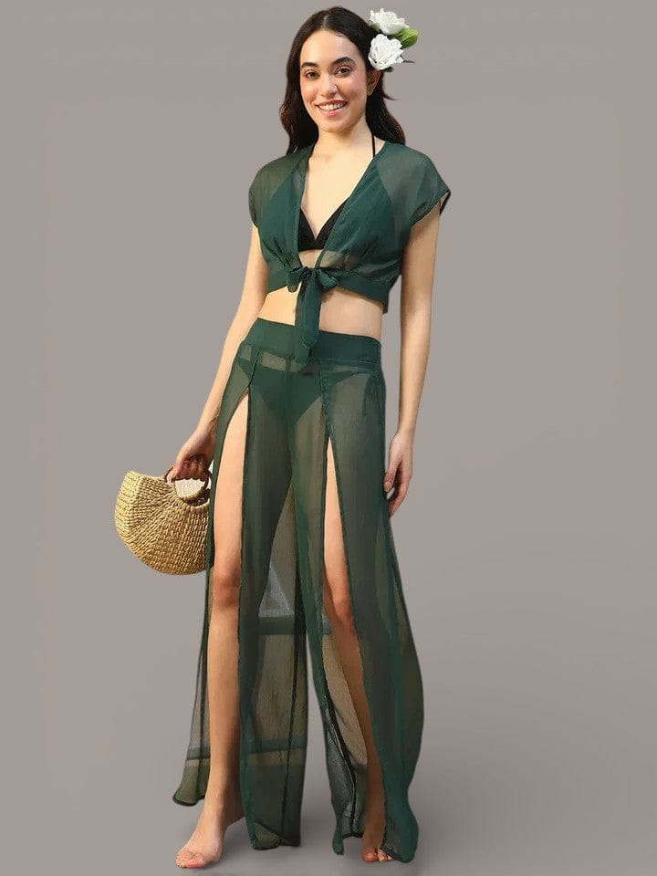 Drift Green Chiffon Women Beachwear Co-ord Set with Elastic Slit Pants and Crop Top