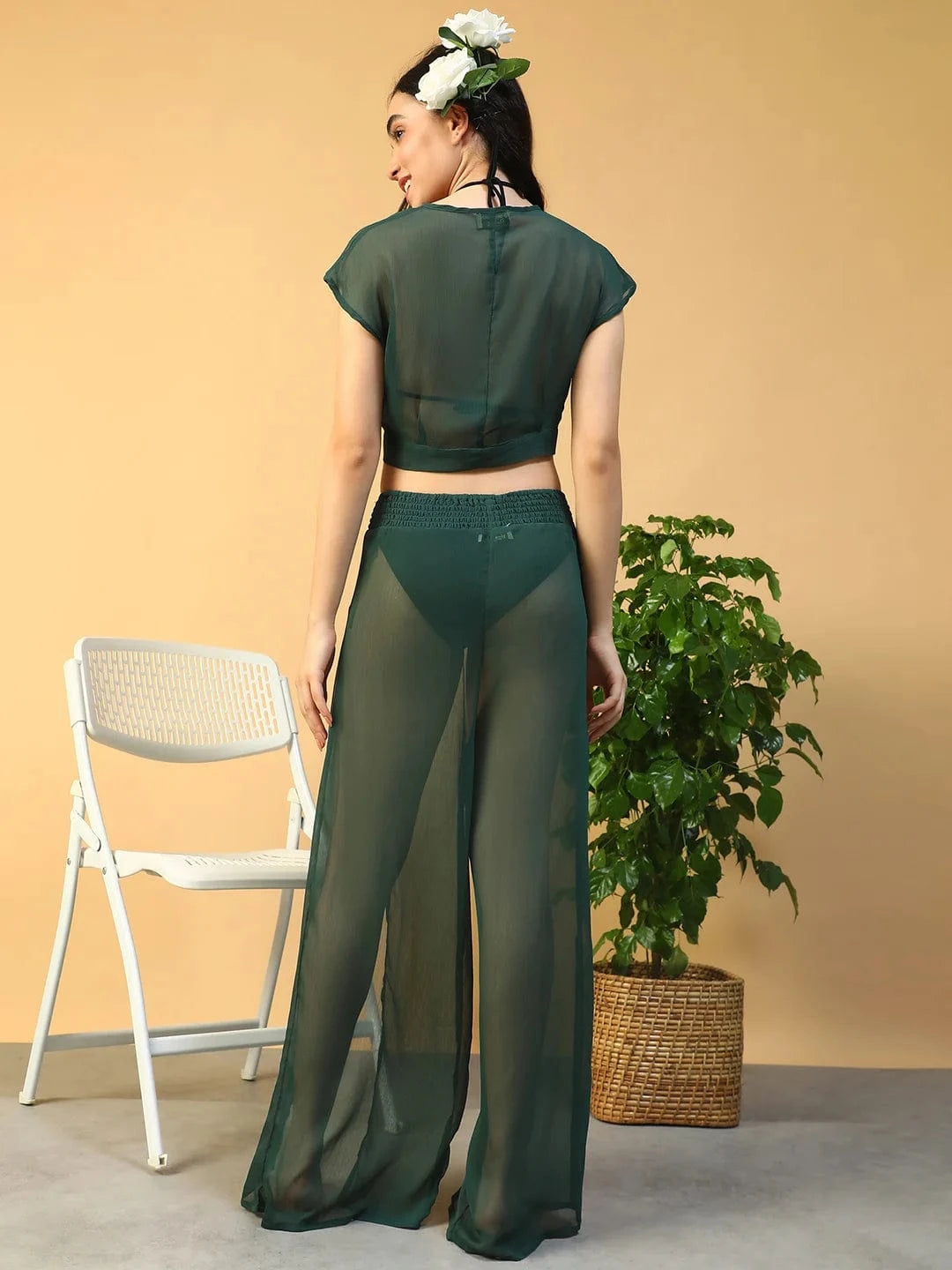 Drift Green Chiffon Women Beachwear Co-ord Set with Elastic Slit Pants and Crop Top