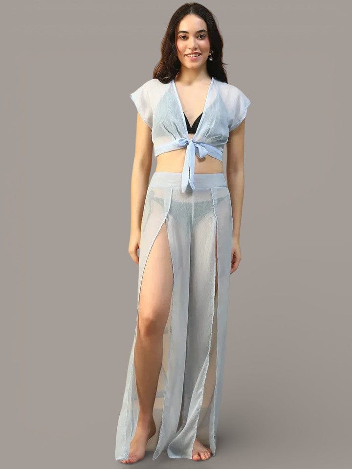 Bay Blue Chiffon Women Beachwear Co-ord Set with Elastic Slit Pants and Crop Top