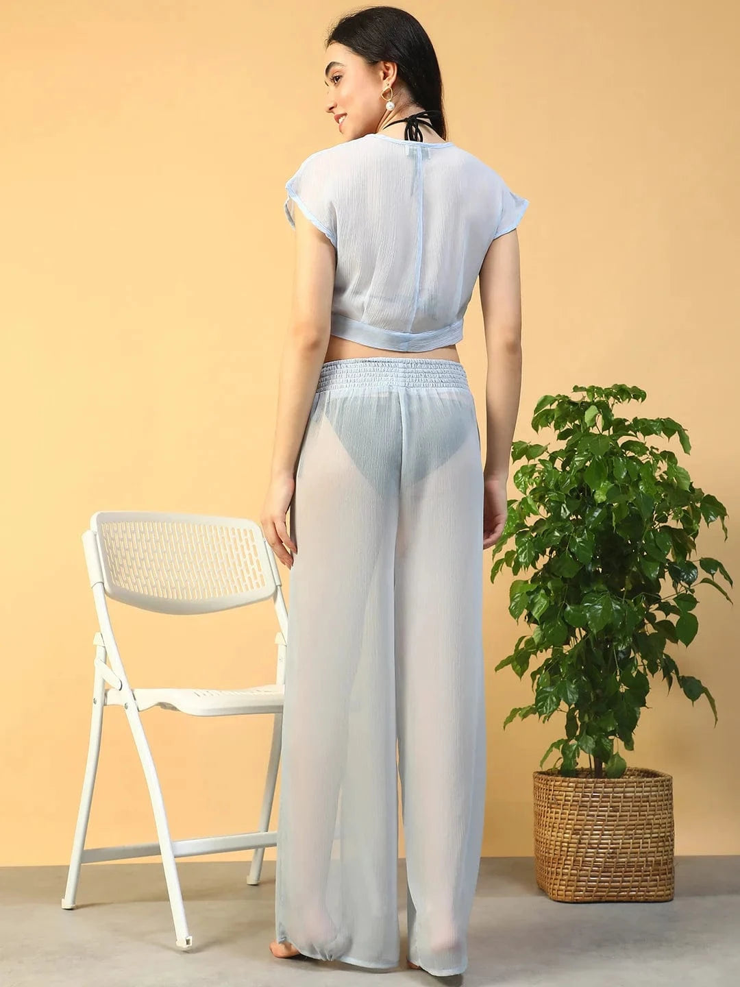 Bay Blue Chiffon Women Beachwear Co-ord Set with Elastic Slit Pants and Crop Top