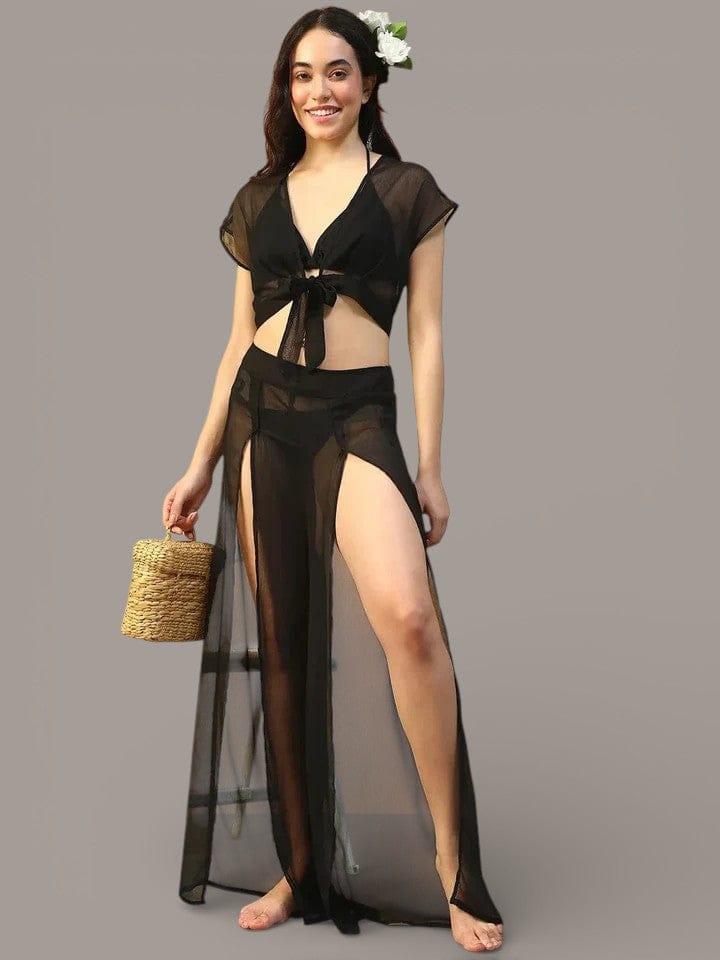 Twilight Black Chiffon Women Beachwear Co-ord Set with Elastic Slit Pants and Crop Top