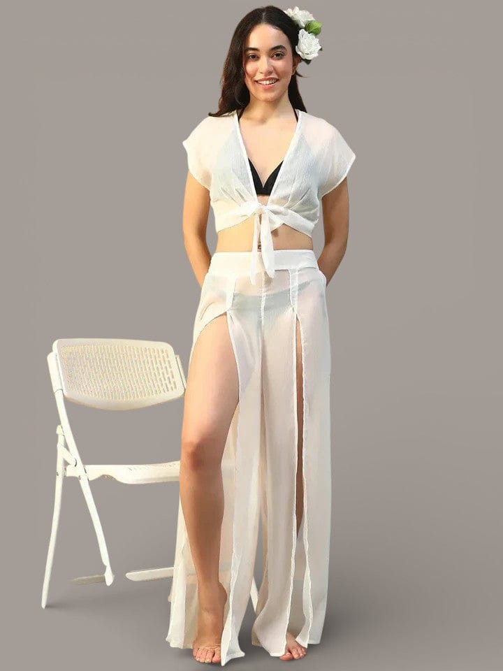 Serene Sands White Chiffon Women Beachwear Co-ord Set with Elastic Slit Pants and Crop Top