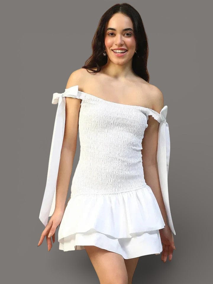 White Off Shoulder Dress - Cotton Skater Dress with Smocked Bodice & Tie-Up Detail