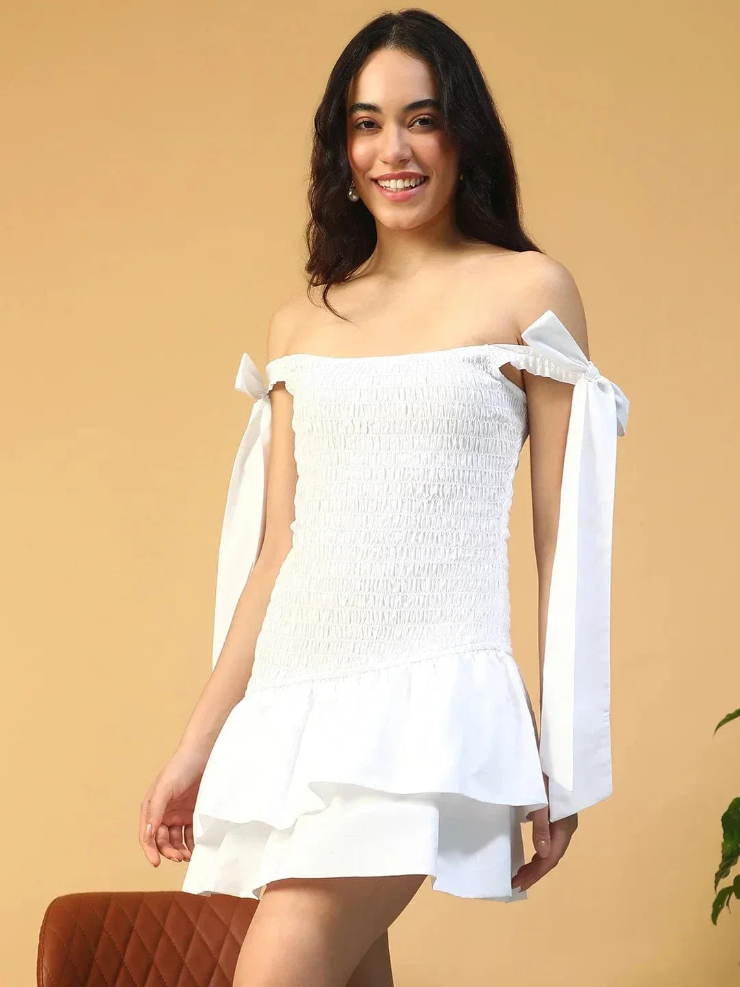 Stylish Solid White Women Off Shoulder Cotton Poplin Skater Dress with Smocked Bodice Tie-Up Detail - oxolloxo