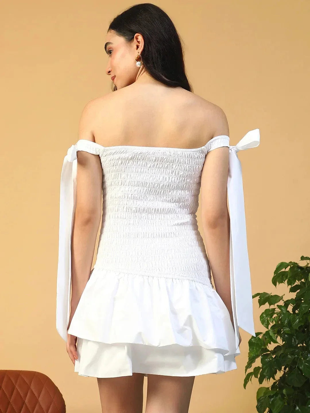 Stylish Solid White Women Off Shoulder Cotton Poplin Skater Dress with Smocked Bodice Tie-Up Detail - oxolloxo