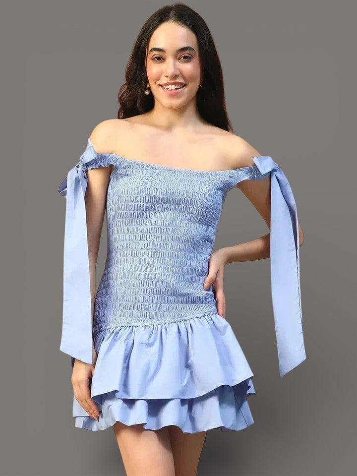 Blue Off Shoulder Dress - Cotton Poplin Skater Hem With Smocked Bodice Tie-Up Detail