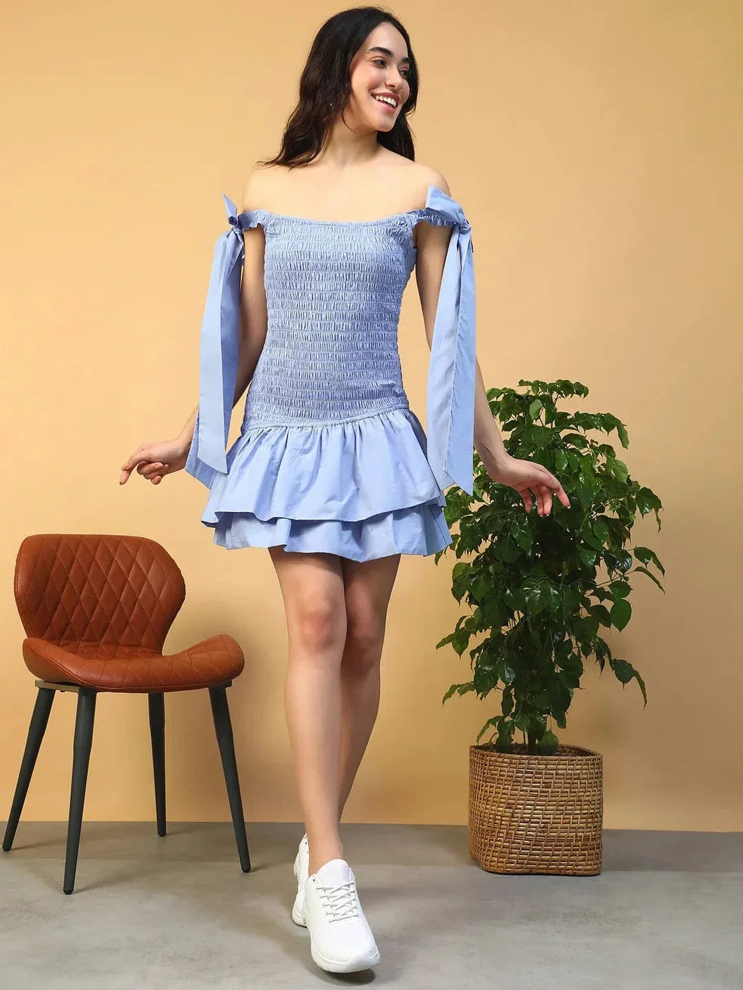 Italian Solid Blue Women Off Shoulder Cotton Poplin Skater Dress with Smocked Bodice Tie-Up Detail - oxolloxo