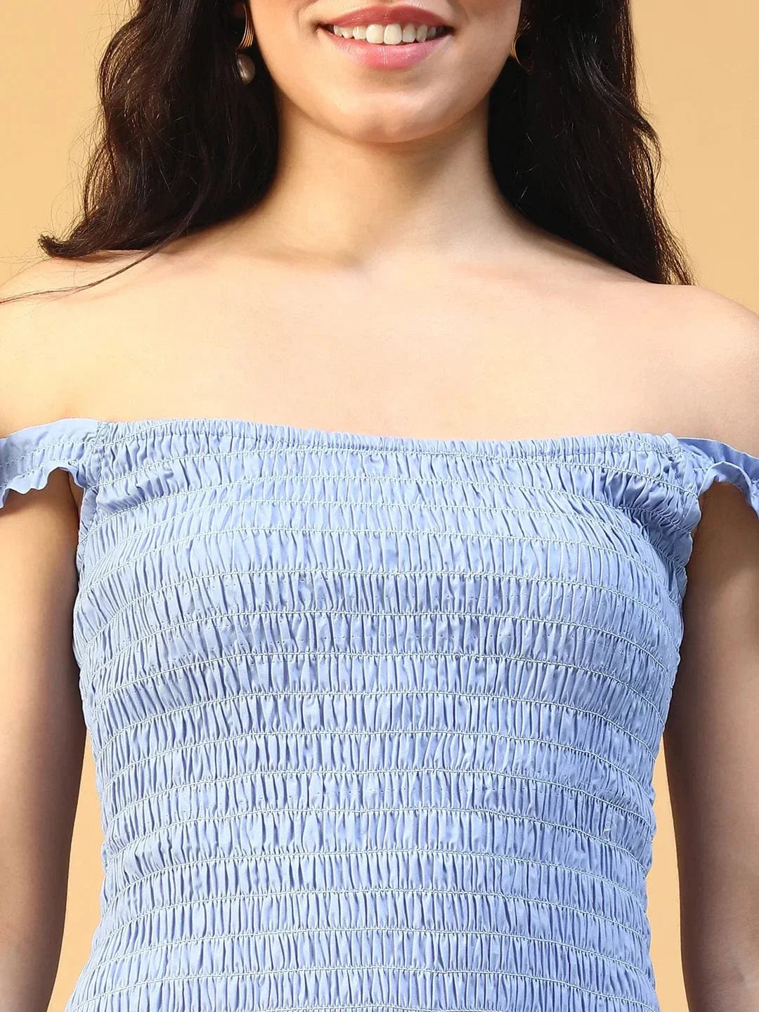Italian Solid Blue Women Off Shoulder Cotton Poplin Skater Dress with Smocked Bodice Tie-Up Detail - oxolloxo