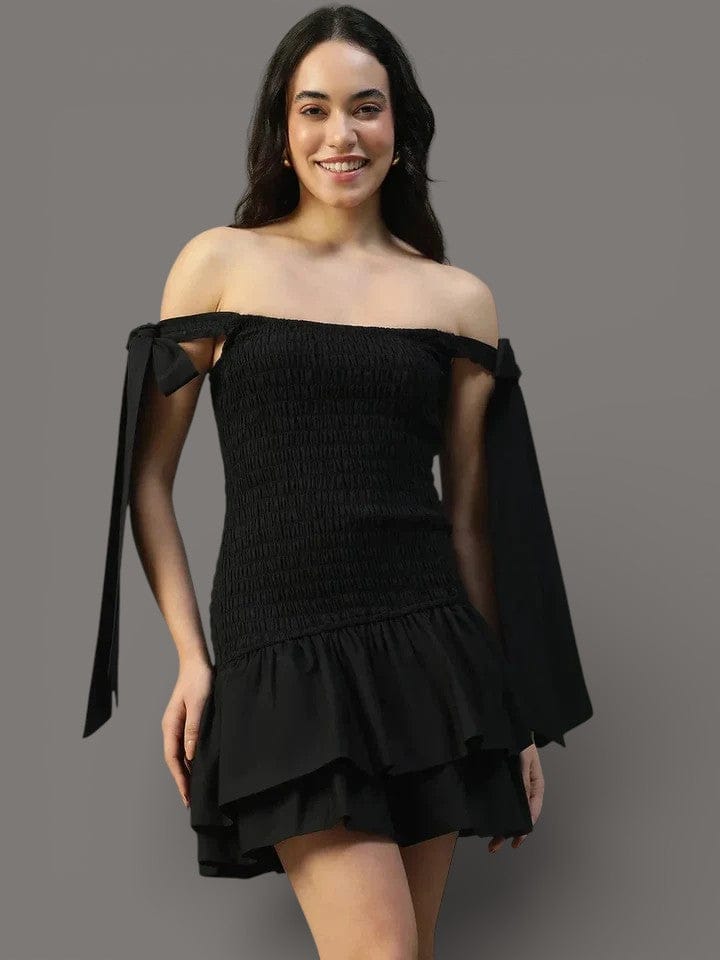 Black Off Shoulder Dress - Cotton Skater Dress with Smocked Bodice & Tie-Up Detail