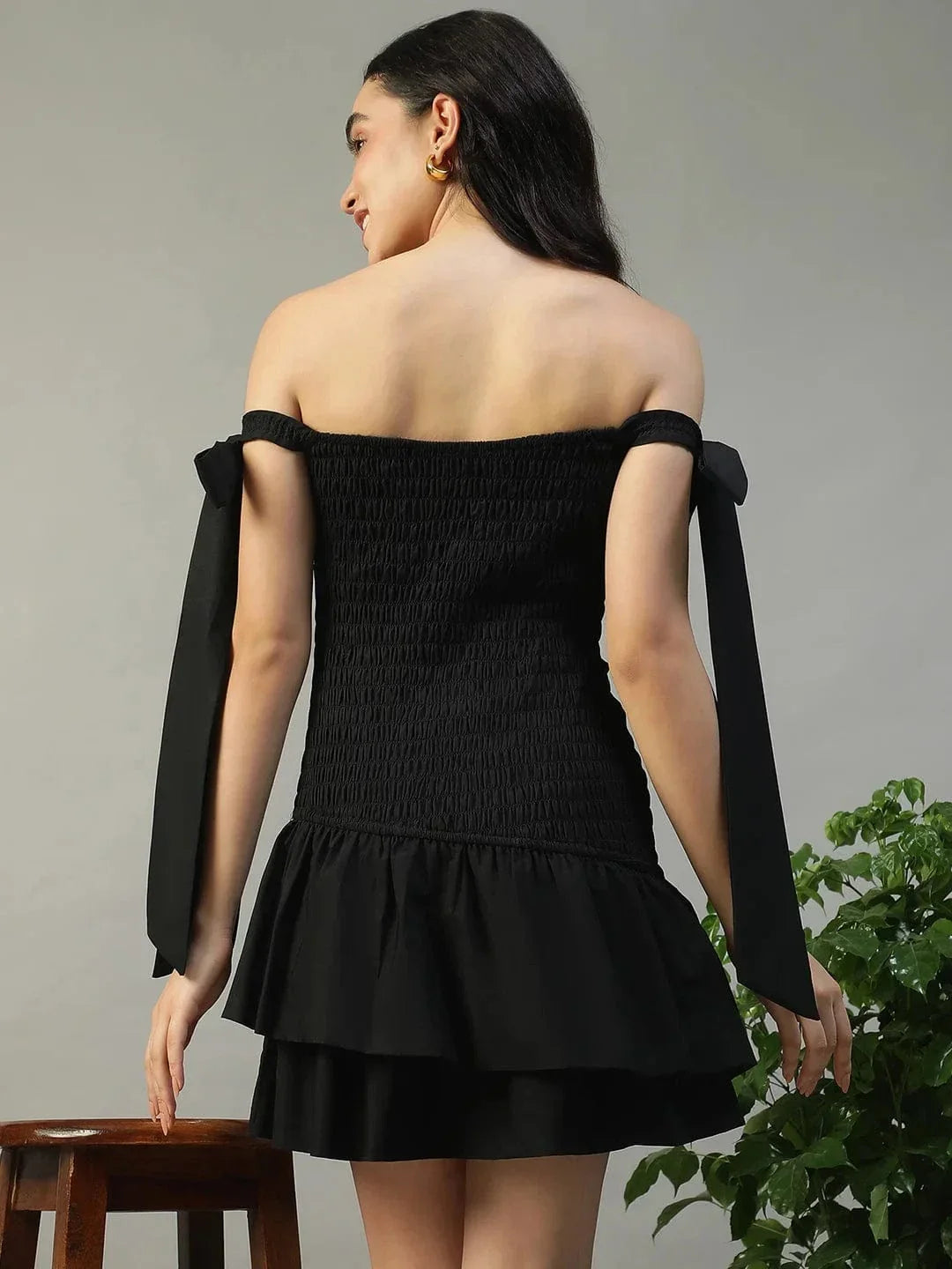 Inspired Solid Black Women Off Shoulder Cotton Poplin Skater Dress with Smocked Bodice Tie-Up Detail - oxolloxo