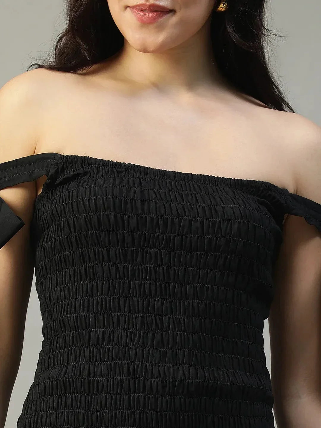 Inspired Solid Black Women Off Shoulder Cotton Poplin Skater Dress with Smocked Bodice Tie-Up Detail - oxolloxo