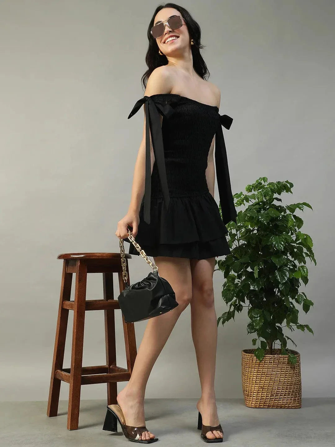Inspired Solid Black Women Off Shoulder Cotton Poplin Skater Dress with Smocked Bodice Tie-Up Detail - oxolloxo
