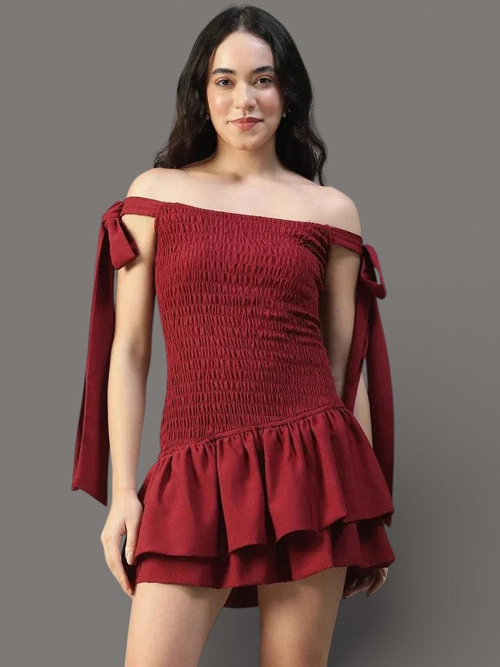 Maroon Off Shoulder Cotton Dress