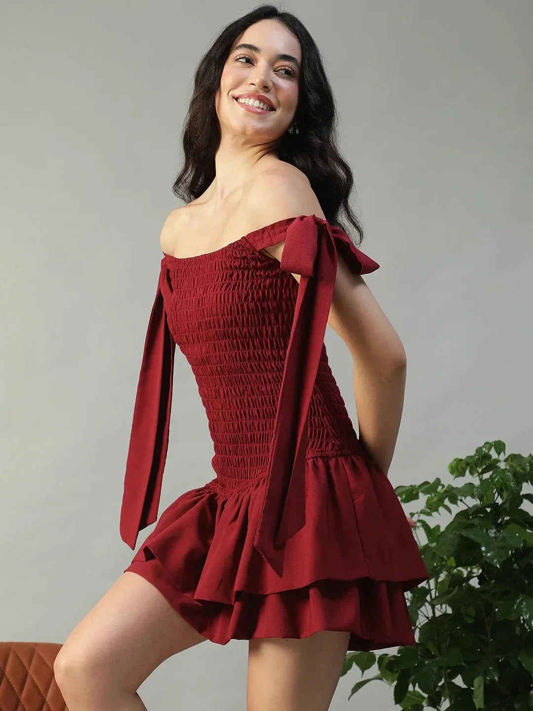 Effortless Solid Maroon Women Off Shoulder Cotton Poplin Skater Dress with Smocked Bodice Tie-Up Detail - oxolloxo