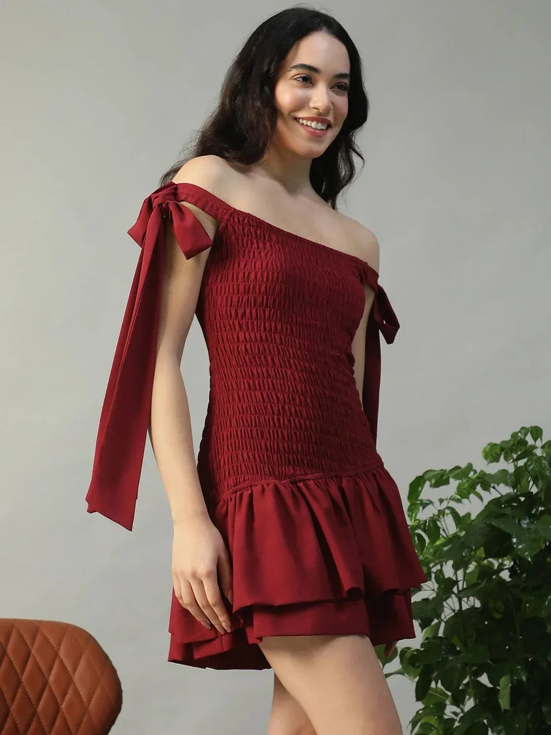 Effortless Solid Maroon Women Off Shoulder Cotton Poplin Skater Dress with Smocked Bodice Tie-Up Detail - oxolloxo