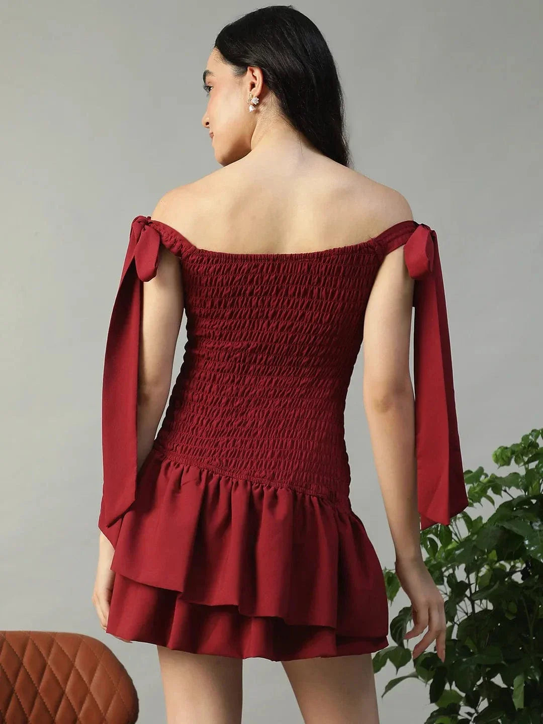 Effortless Solid Maroon Women Off Shoulder Cotton Poplin Skater Dress with Smocked Bodice Tie-Up Detail - oxolloxo