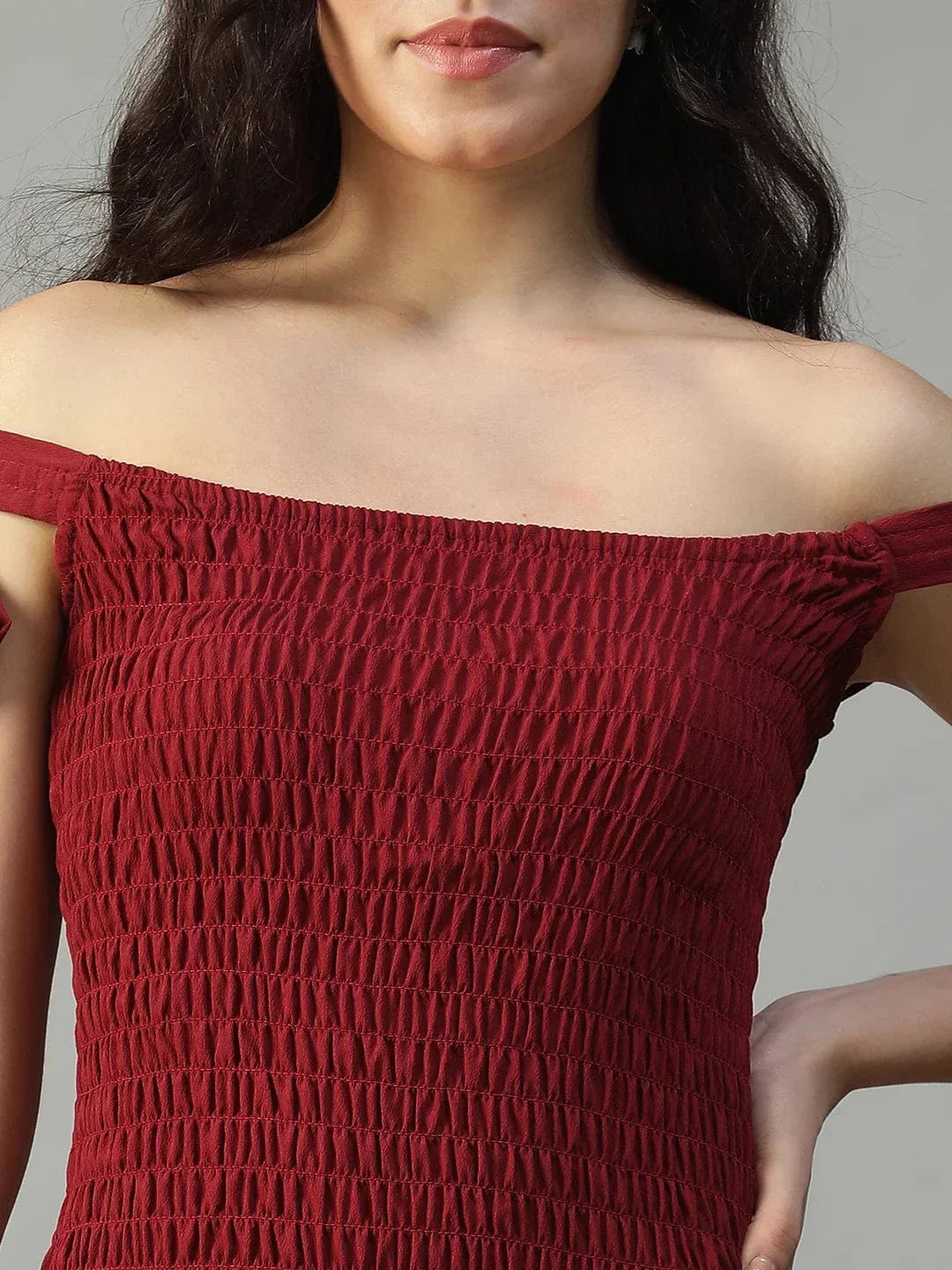 Effortless Solid Maroon Women Off Shoulder Cotton Poplin Skater Dress with Smocked Bodice Tie-Up Detail - oxolloxo