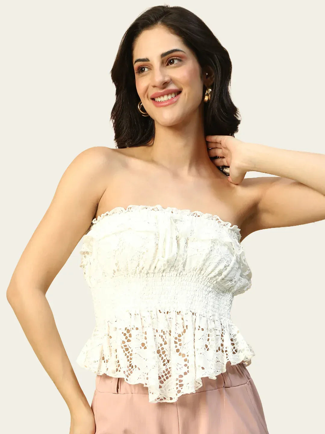 White Off-Shoulder Women's Top with Tie-Up Detail