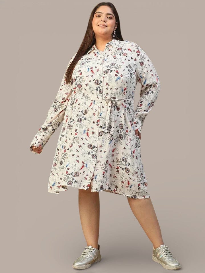 White Morocon Floral Print Collared Button Down With Waist Belt Plus Size Women Dress