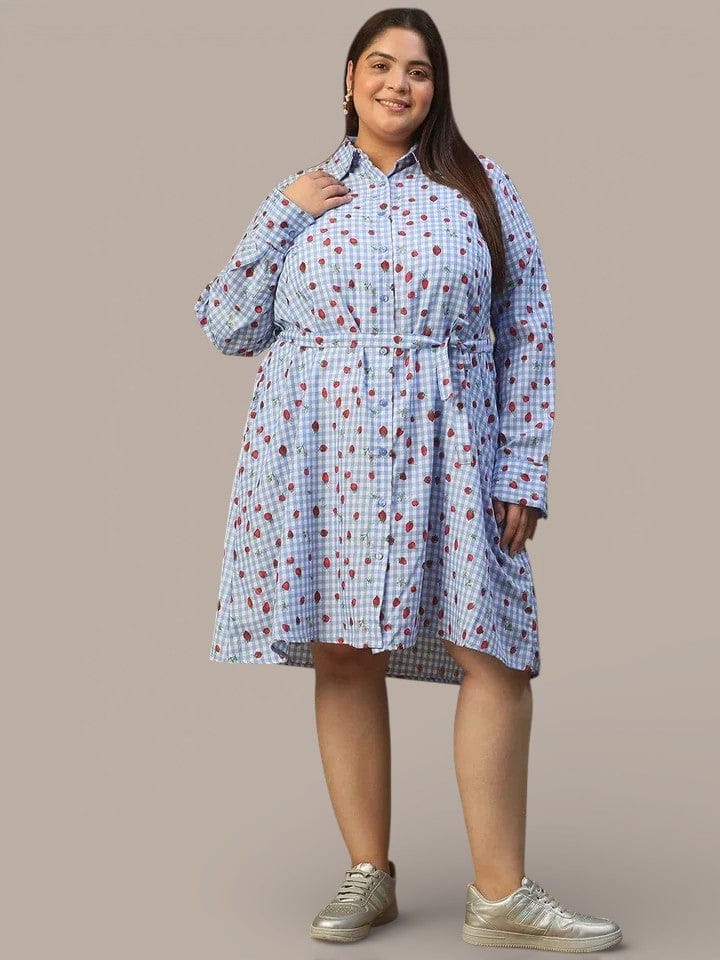 Blue Heart Print Collared Button Down With Waist Belt Plus Size Women Cotton Blend Dress