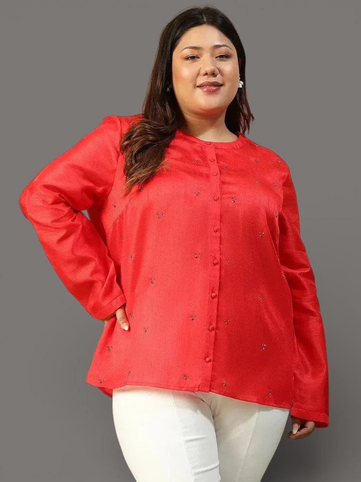 Chiclet Solid Red Long Sleeve Embelished Detail Button Down Plus Size Women Silk Shirt