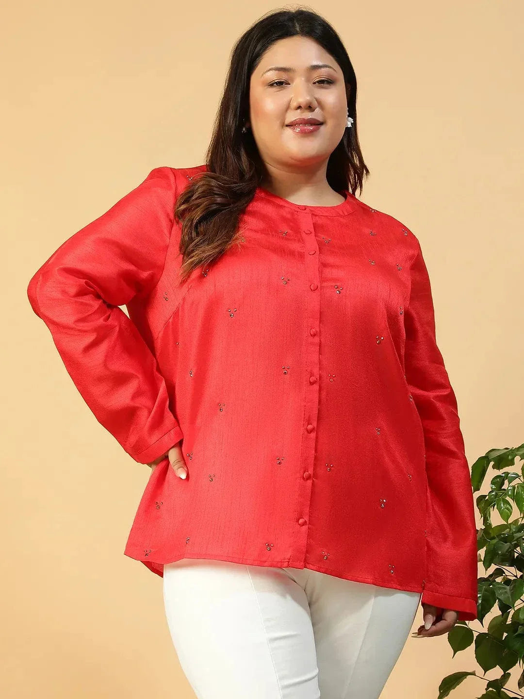 Chiclet Solid Red Long Sleeve Embelished Detail Button Down Plus Size Women Silk Shirt - oxolloxo
