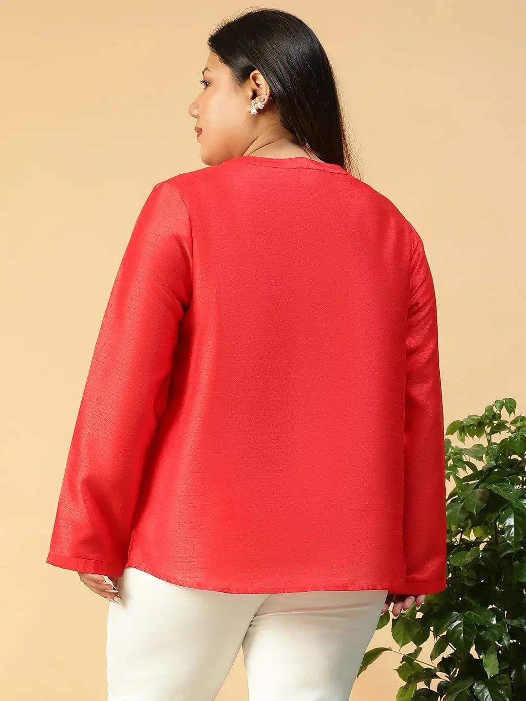 Chiclet Solid Red Long Sleeve Embelished Detail Button Down Plus Size Women Silk Shirt - oxolloxo