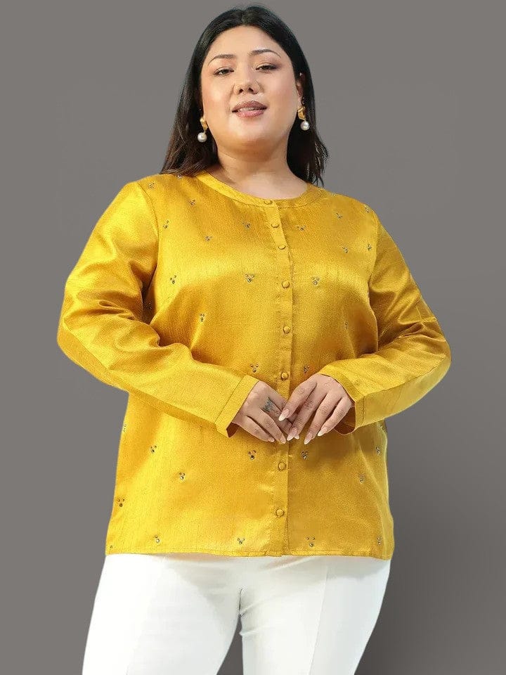 Fitspo Solid Mustard Long Sleeve Embelished Detail Button Down Plus Size Women  Silk Shirt