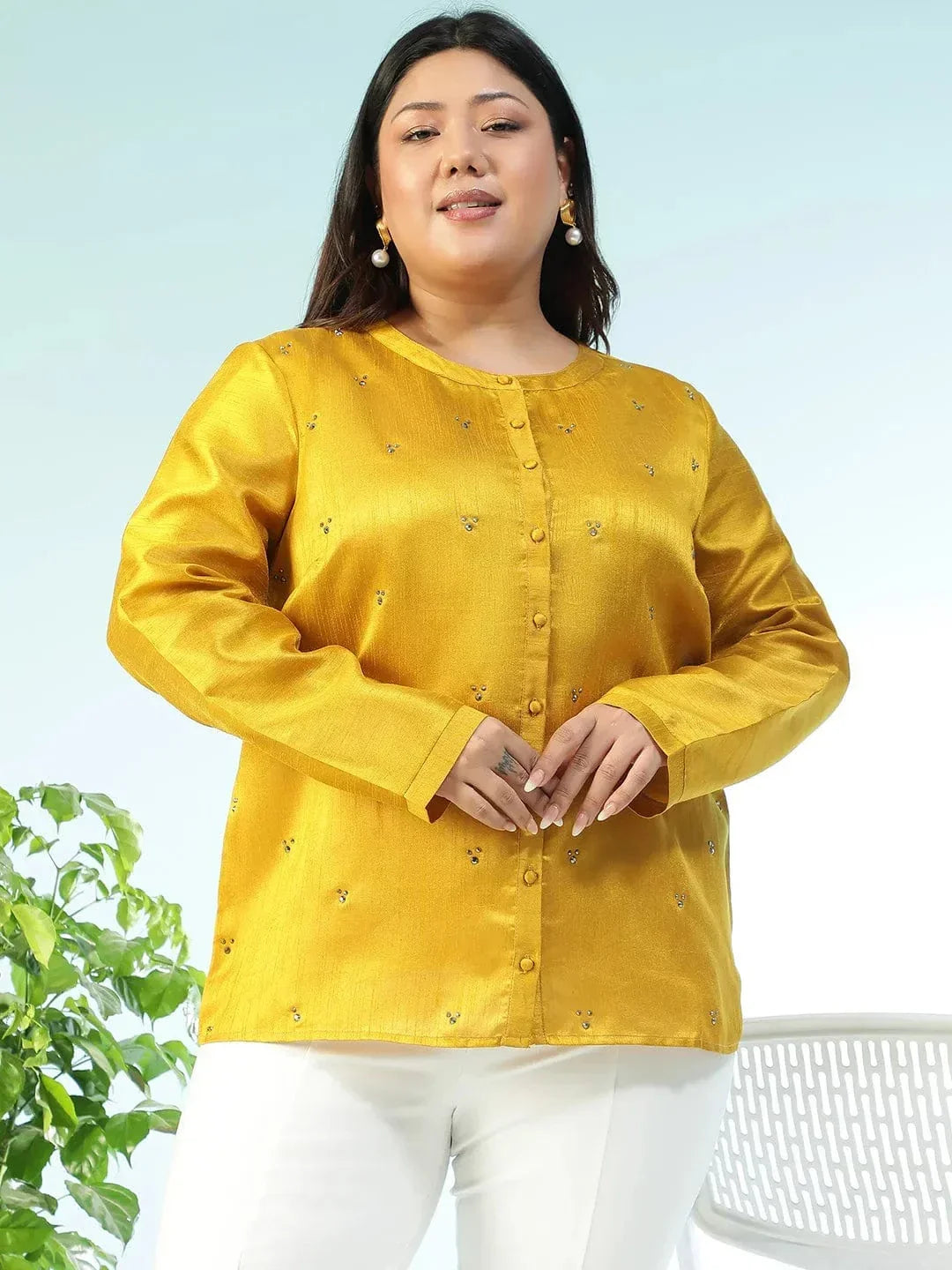 Fitspo Solid Mustard Long Sleeve Embelished Detail Button Down Plus Size Women Silk Shirt - oxolloxo