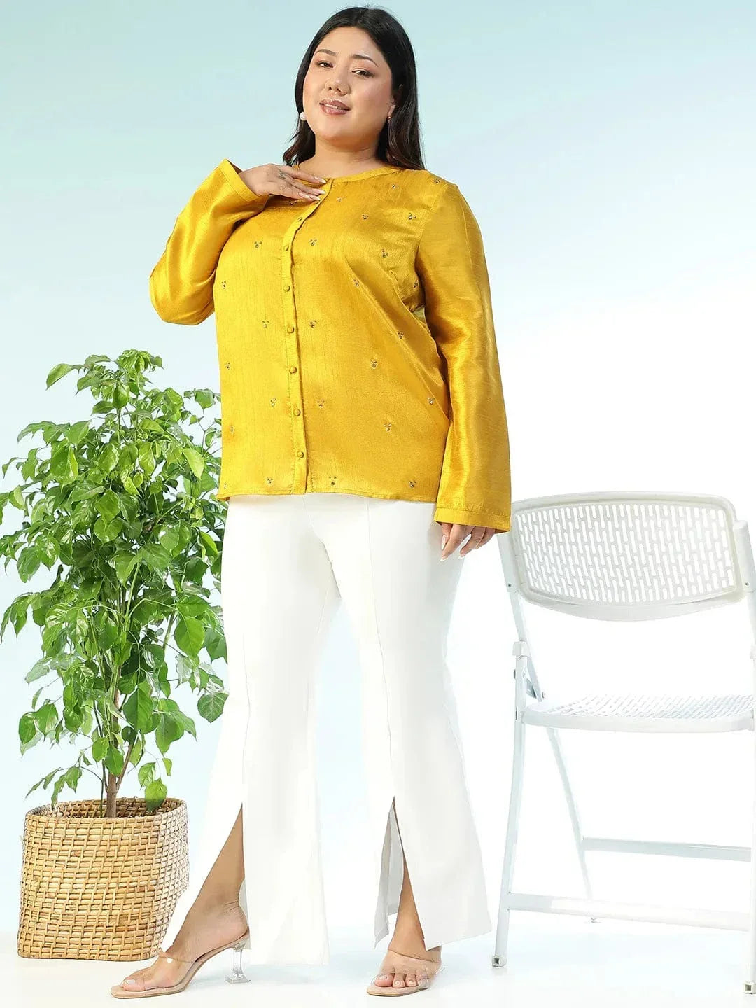 Fitspo Solid Mustard Long Sleeve Embelished Detail Button Down Plus Size Women Silk Shirt - oxolloxo
