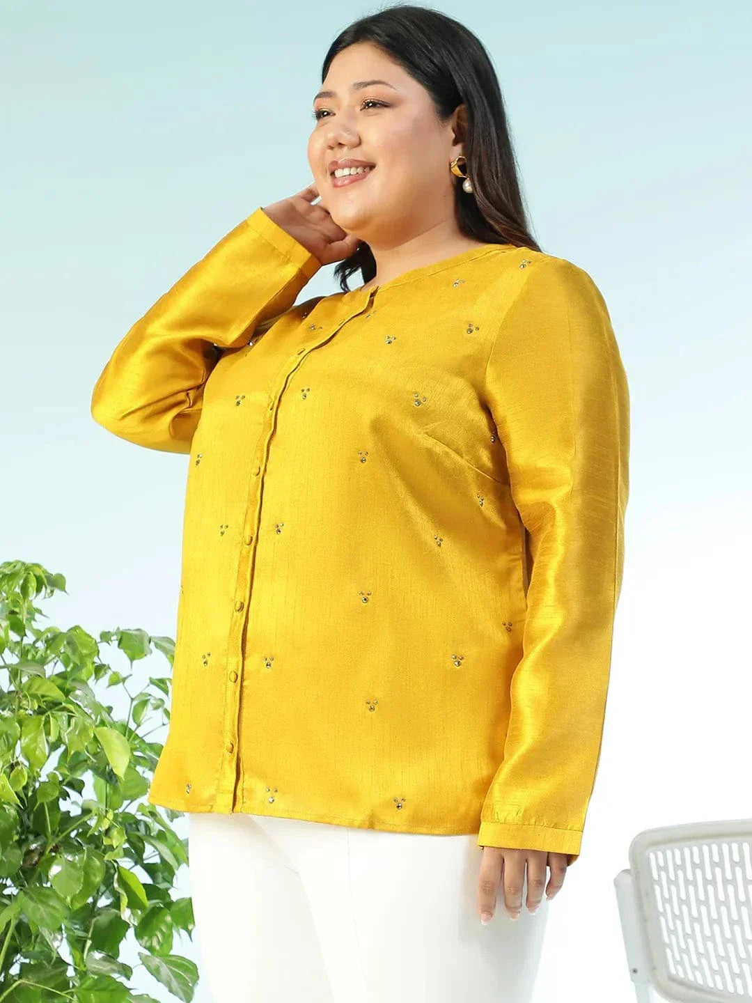 Fitspo Solid Mustard Long Sleeve Embelished Detail Button Down Plus Size Women Silk Shirt - oxolloxo