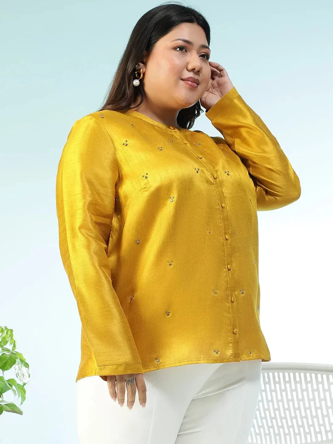 Fitspo Solid Mustard Long Sleeve Embelished Detail Button Down Plus Size Women Silk Shirt - oxolloxo