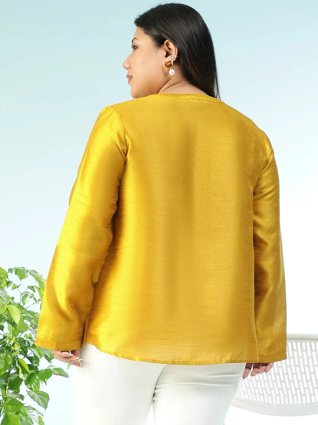 Fitspo Solid Mustard Long Sleeve Embelished Detail Button Down Plus Size Women Silk Shirt - oxolloxo