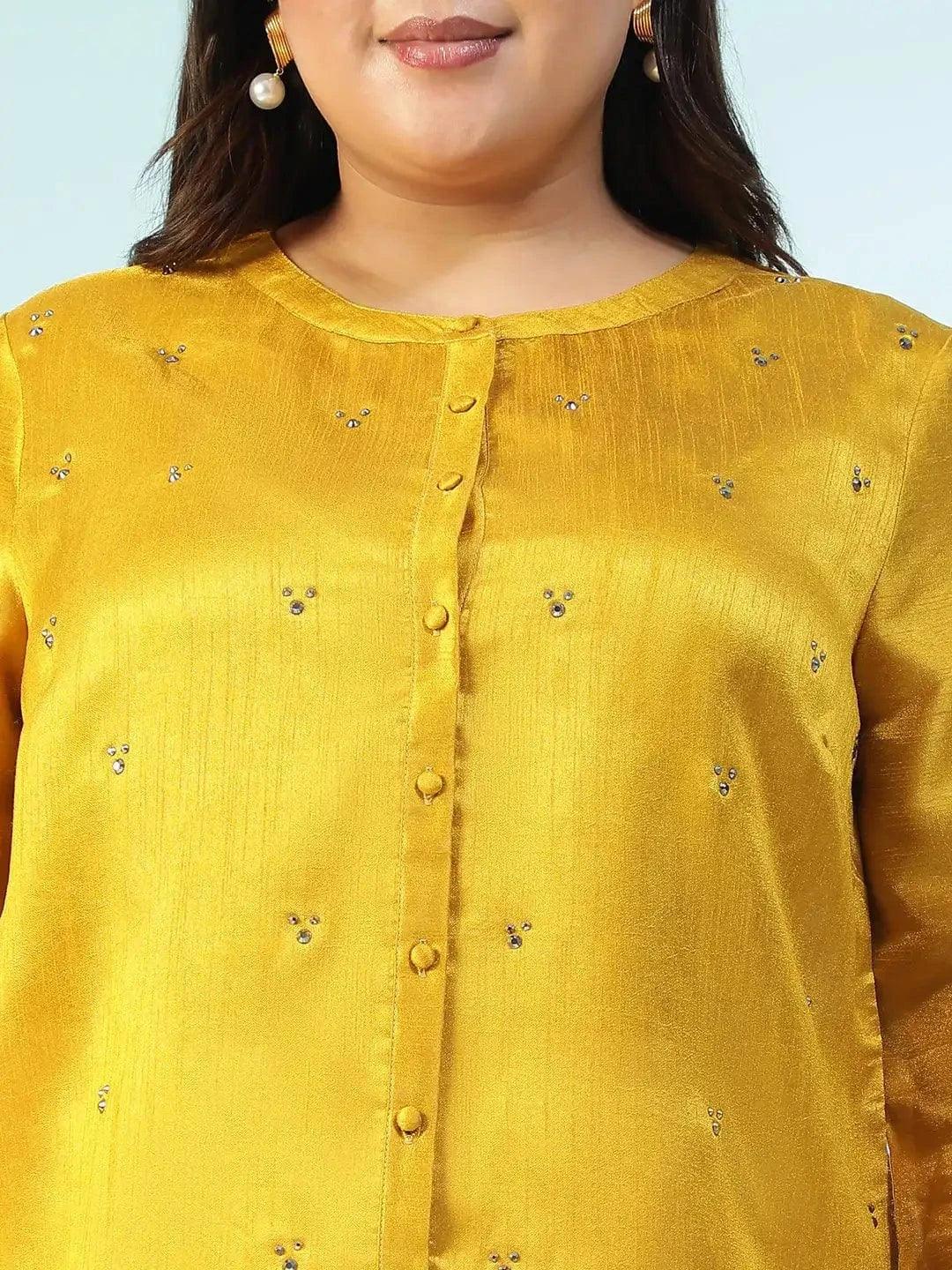 Fitspo Solid Mustard Long Sleeve Embelished Detail Button Down Plus Size Women Silk Shirt - oxolloxo