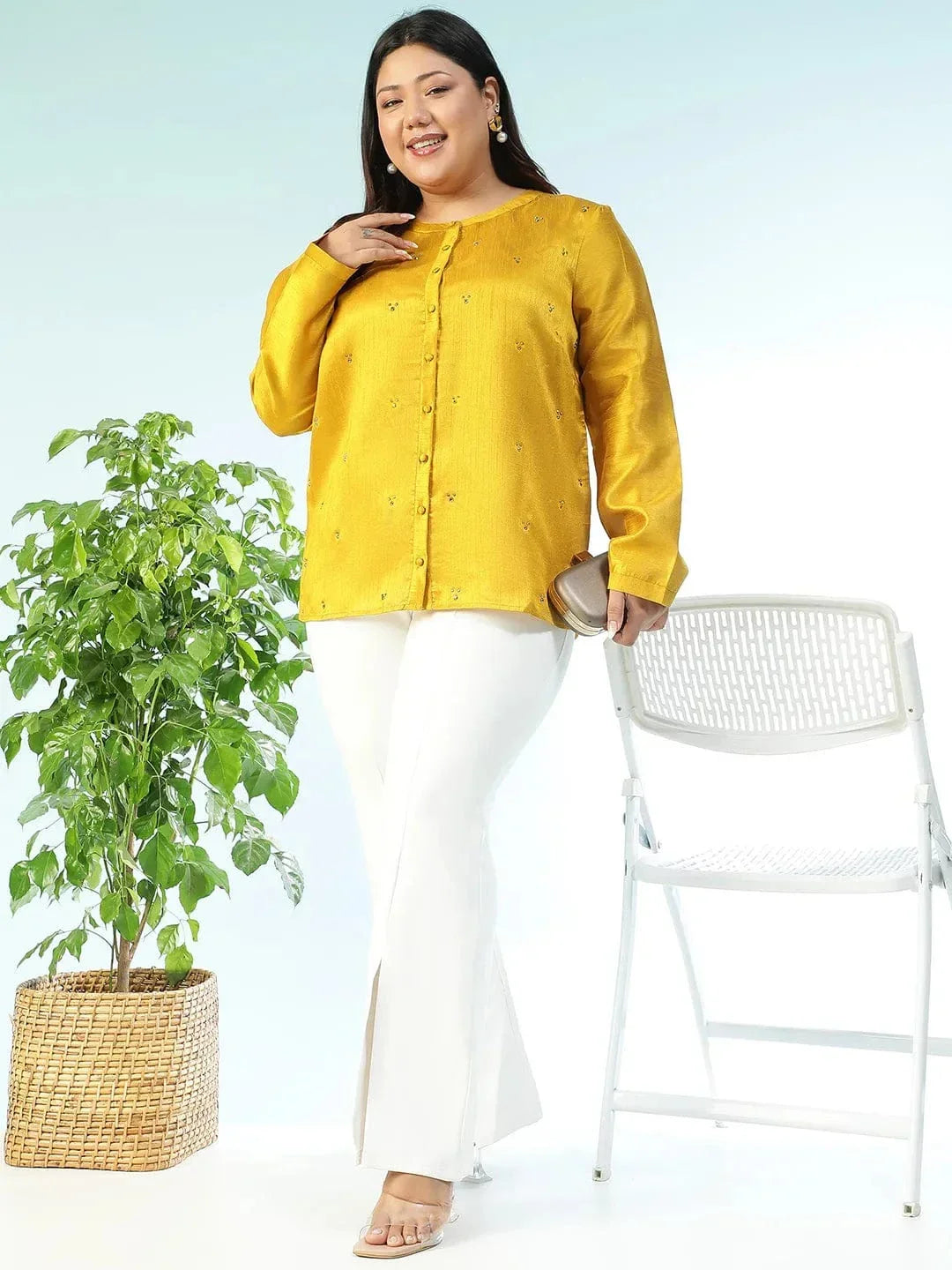 Fitspo Solid Mustard Long Sleeve Embelished Detail Button Down Plus Size Women Silk Shirt - oxolloxo