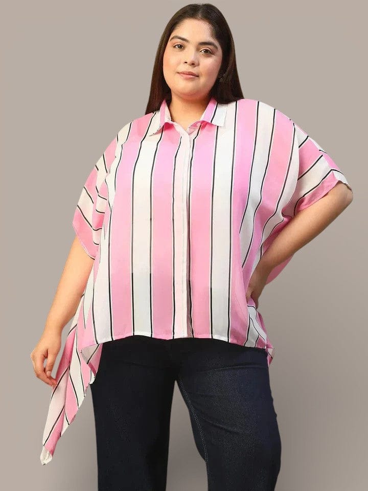 Pink Stripe Print Coallred Button Down High Low Hem Plus Size Women Top