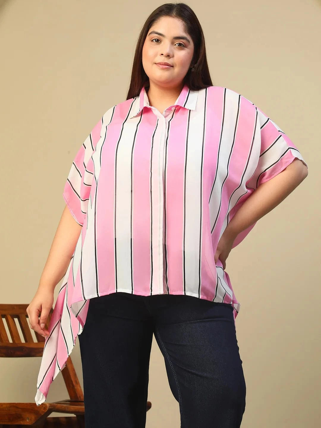 Pink Stripe Print Coallred Button Down High Low Hem Plus Size Women Top