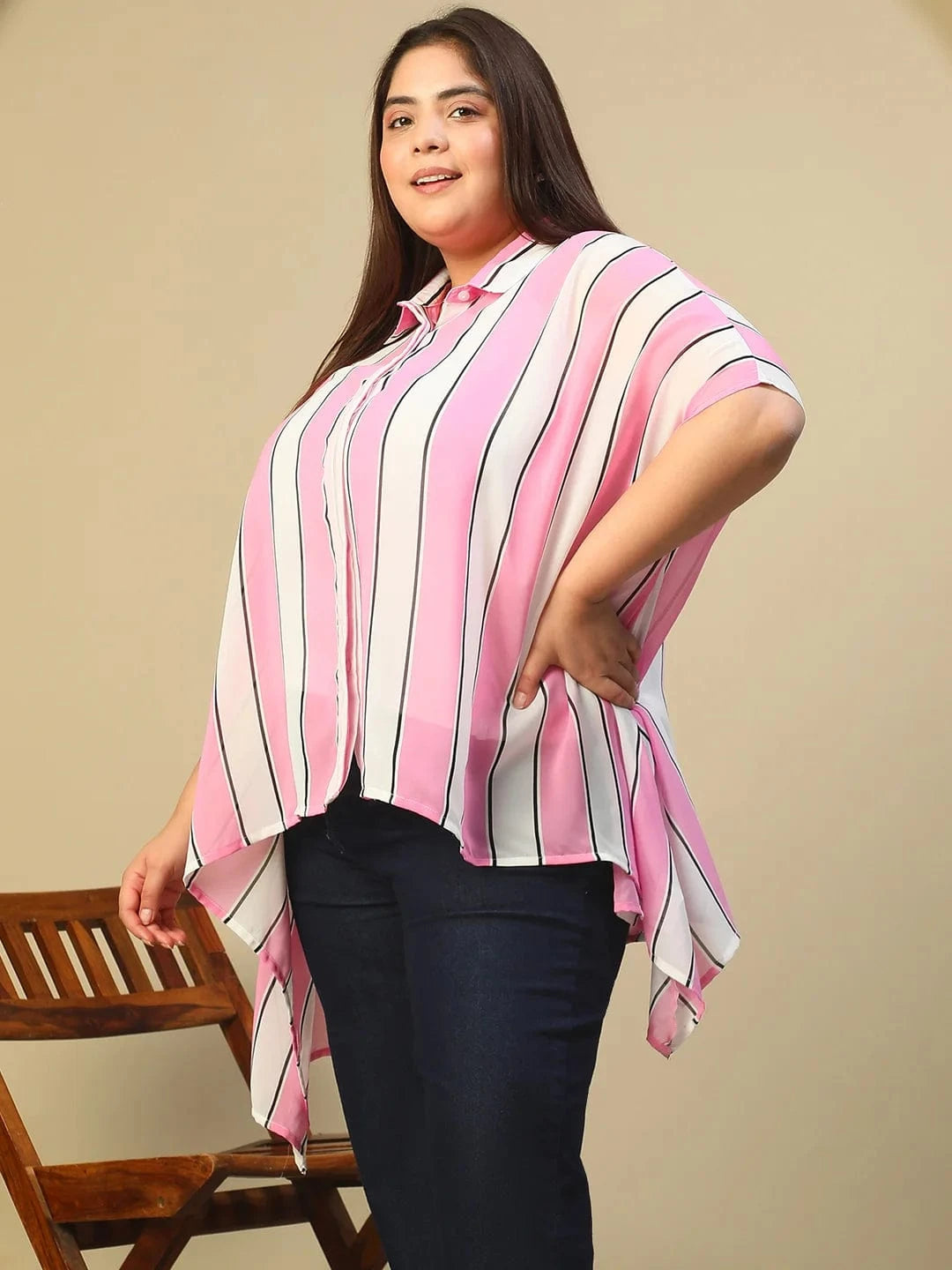 Pink Stripe Print Coallred Button Down High Low Hem Plus Size Women Top