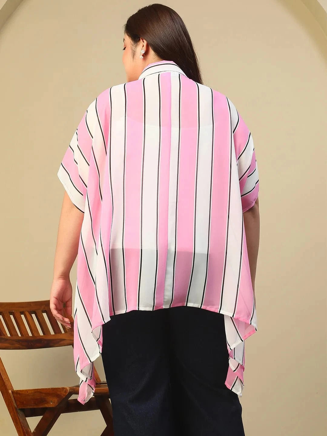 Pink Stripe Print Coallred Button Down High Low Hem Plus Size Women Top