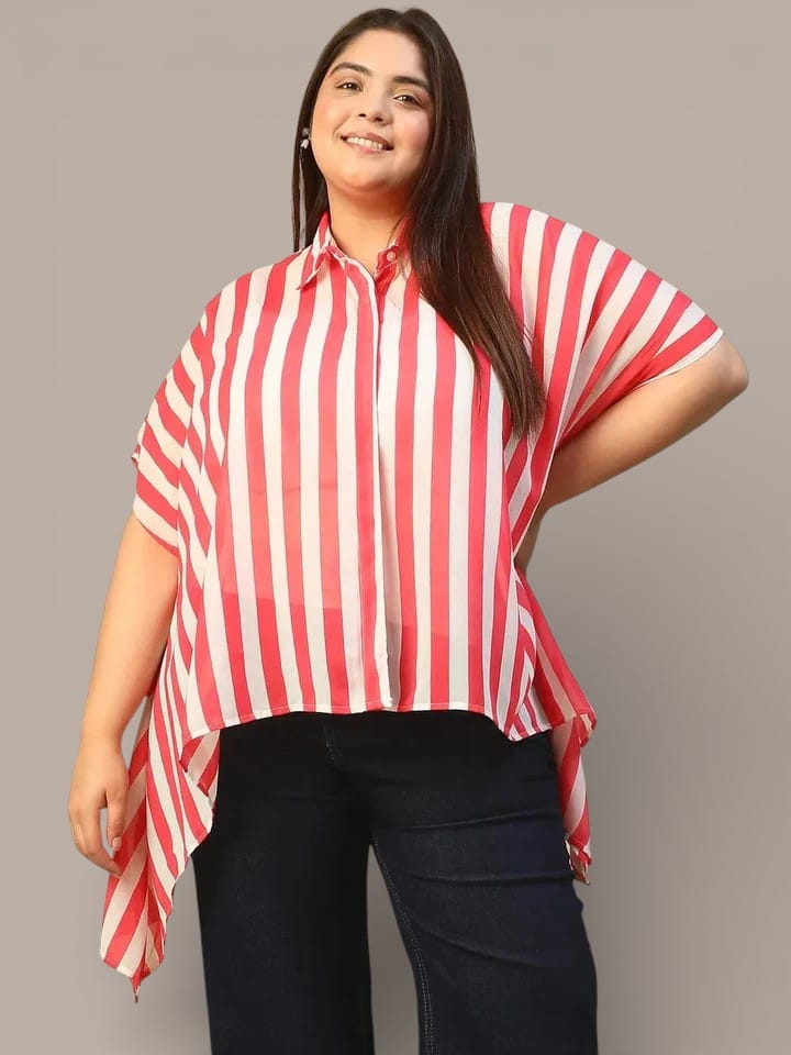 Red Stripe Print Coallred Button Down High Low Hem Plus Size Women Top