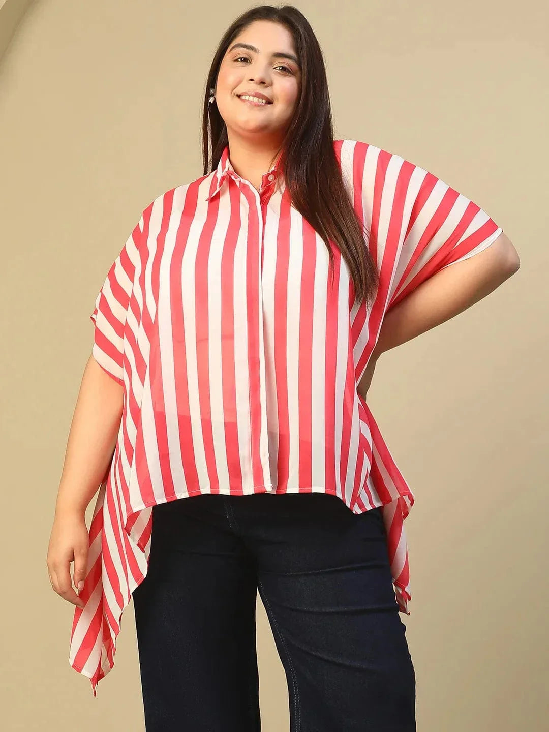 Red Stripe Print Coallred Button Down High Low Hem Plus Size Women