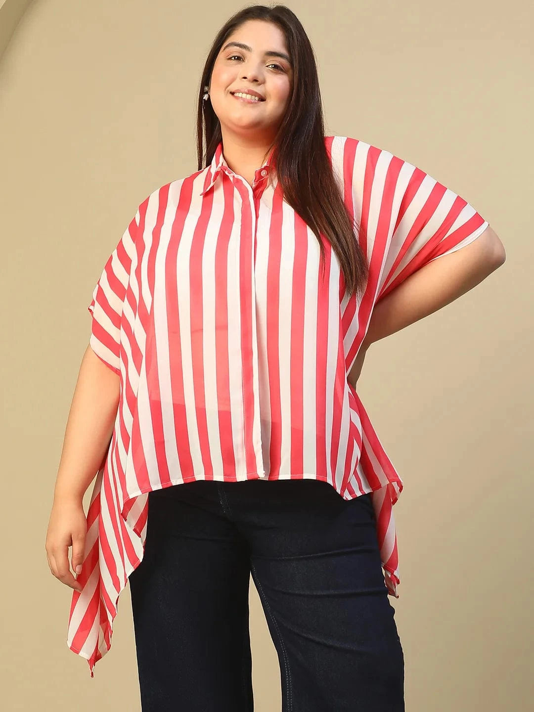 Red Stripe Print Coallred Button Down High Low Hem Plus Size Women Top