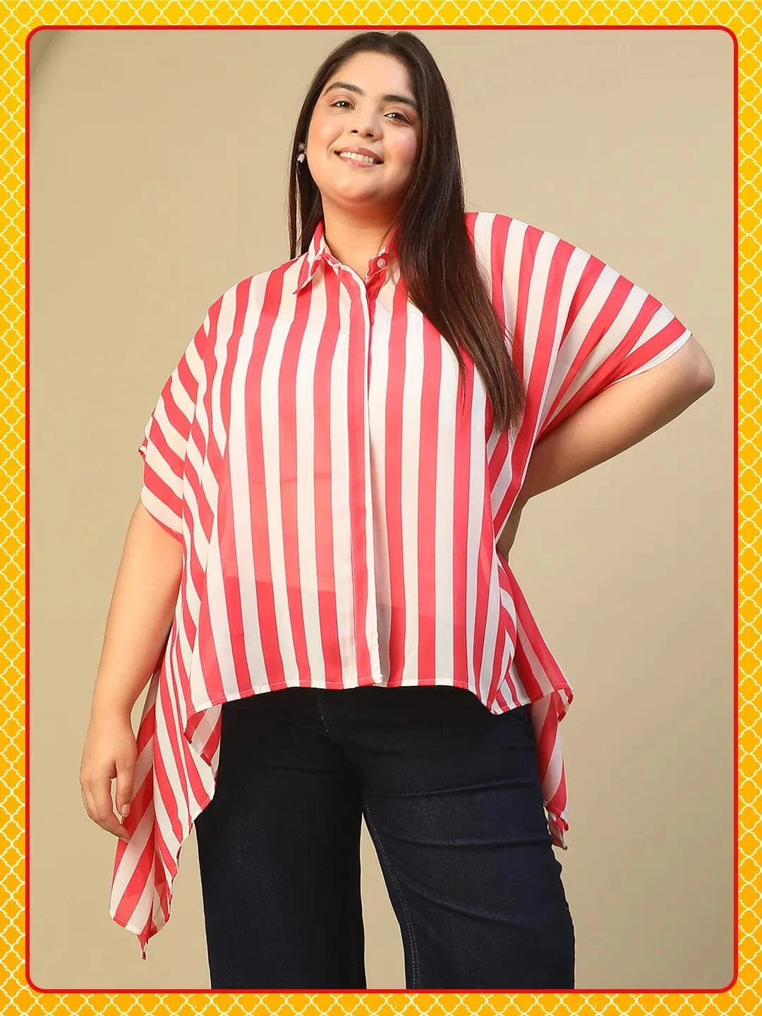 Red Stripe Print Coallred Button Down High Low Hem Plus Size Women Top