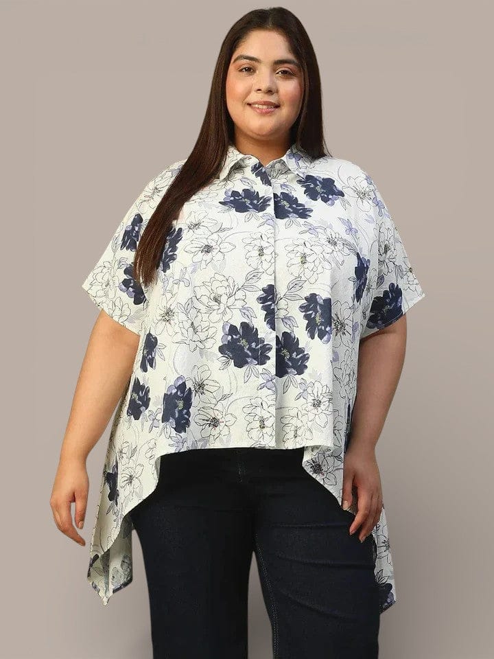 White Floral Print Button Down Short Sleeve High Low Plus Size Women Dobby Top