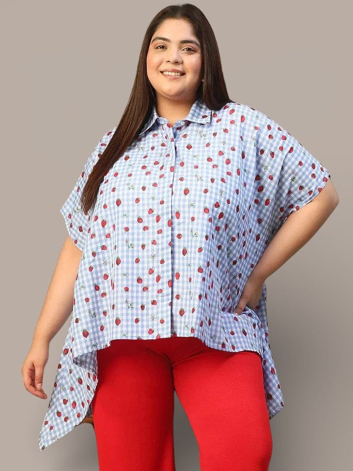Blue Heart Print Button Down Short Sleeve High Low Cotton Blend Plus Size Women Top