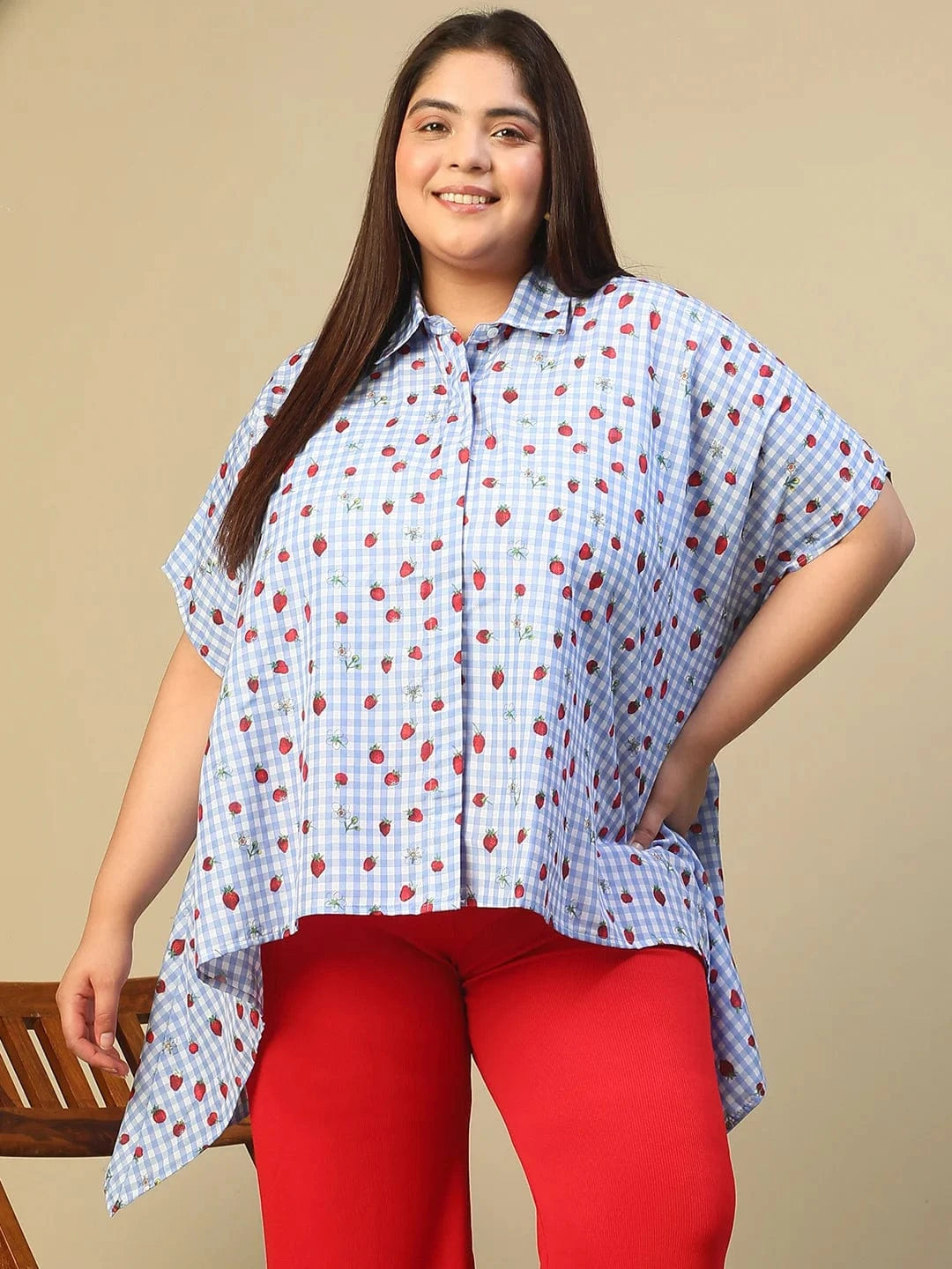 Blue Heart Print Button Down Short Sleeve High Low Cotton Blend Plus Size Women Top