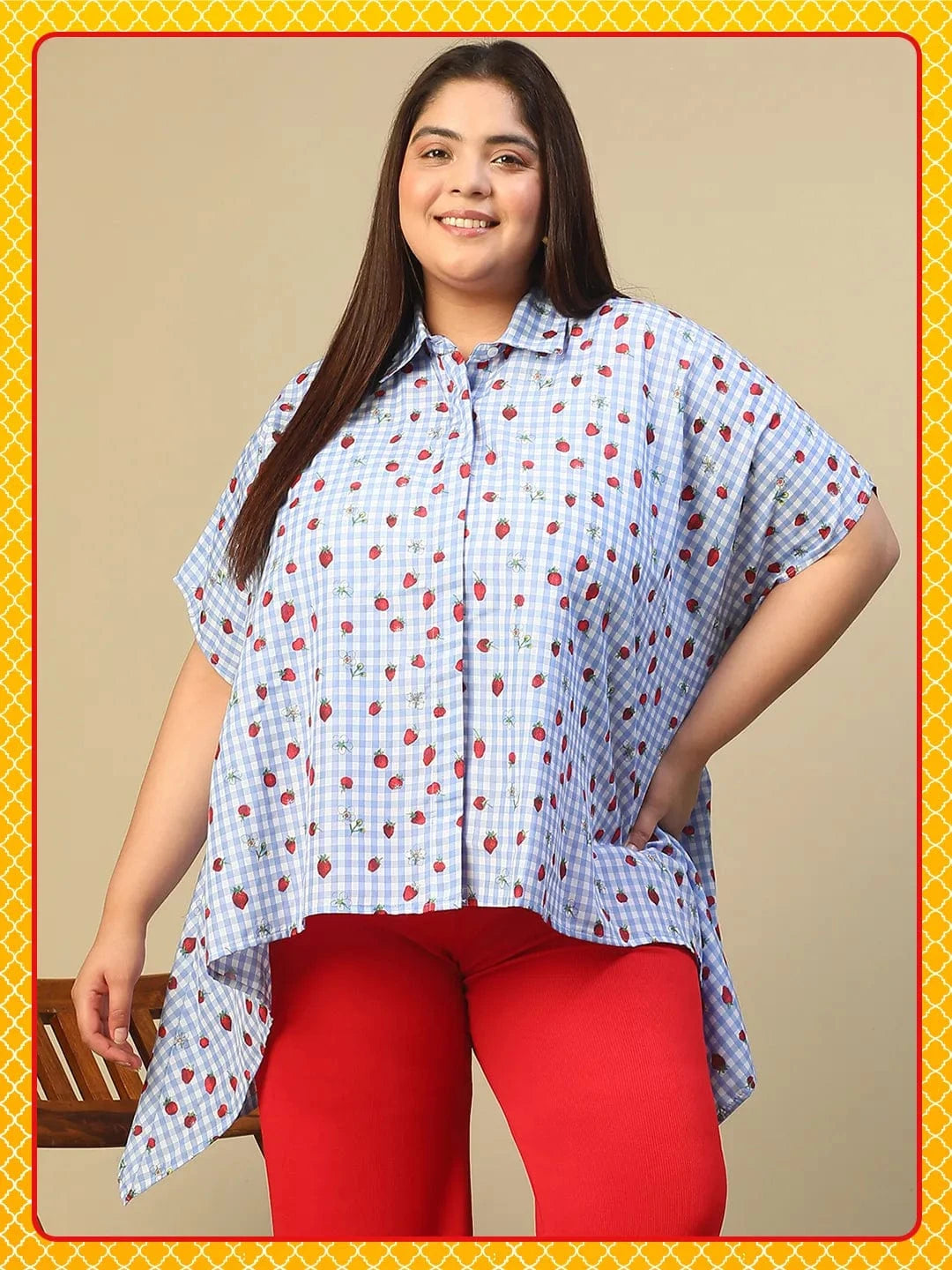 Blue Heart Print Button Down Short Sleeve High Low Cotton Blend Plus Size Women Top